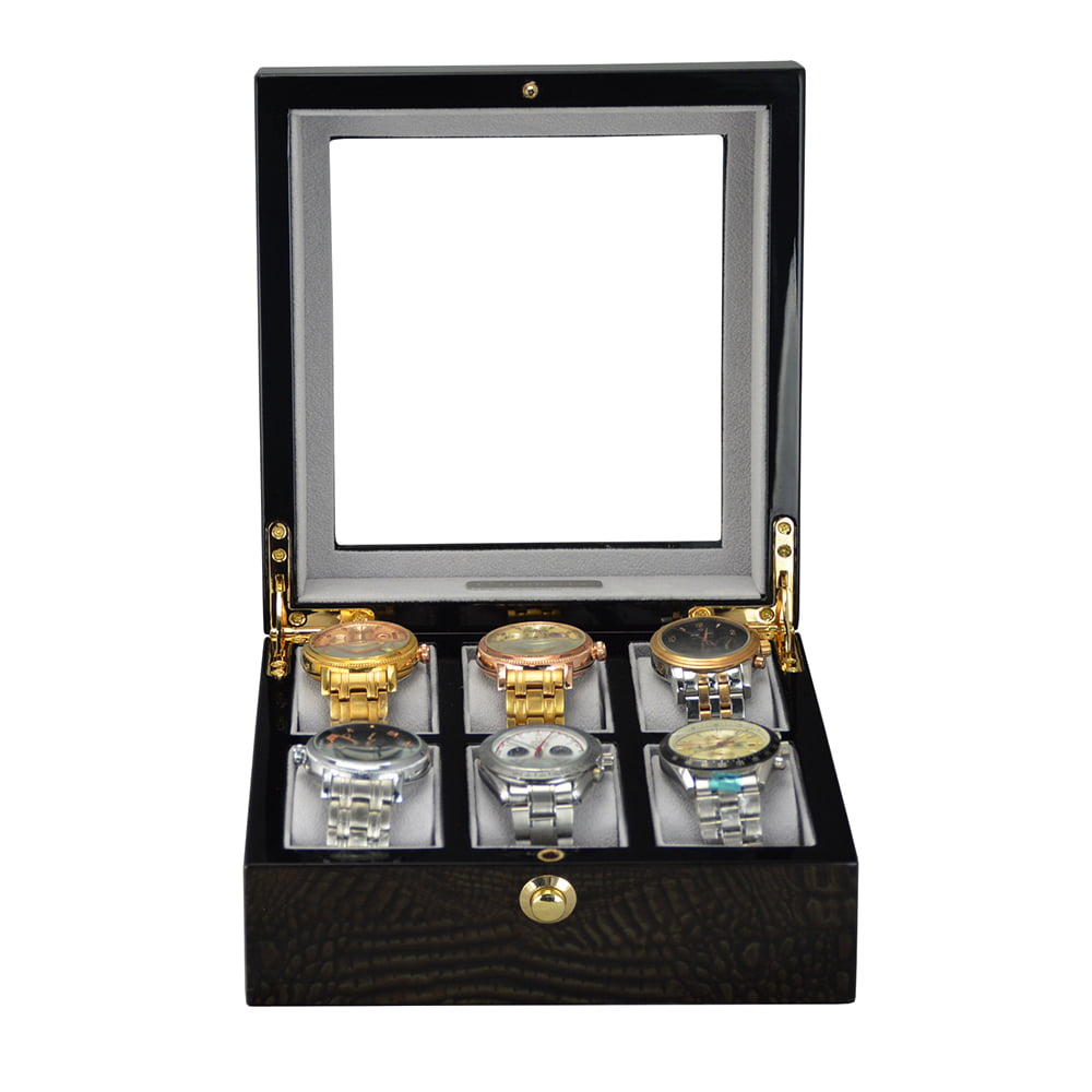 High Glossy Crocodile Grain Green 6 Watch Case with Tempered Glass Display