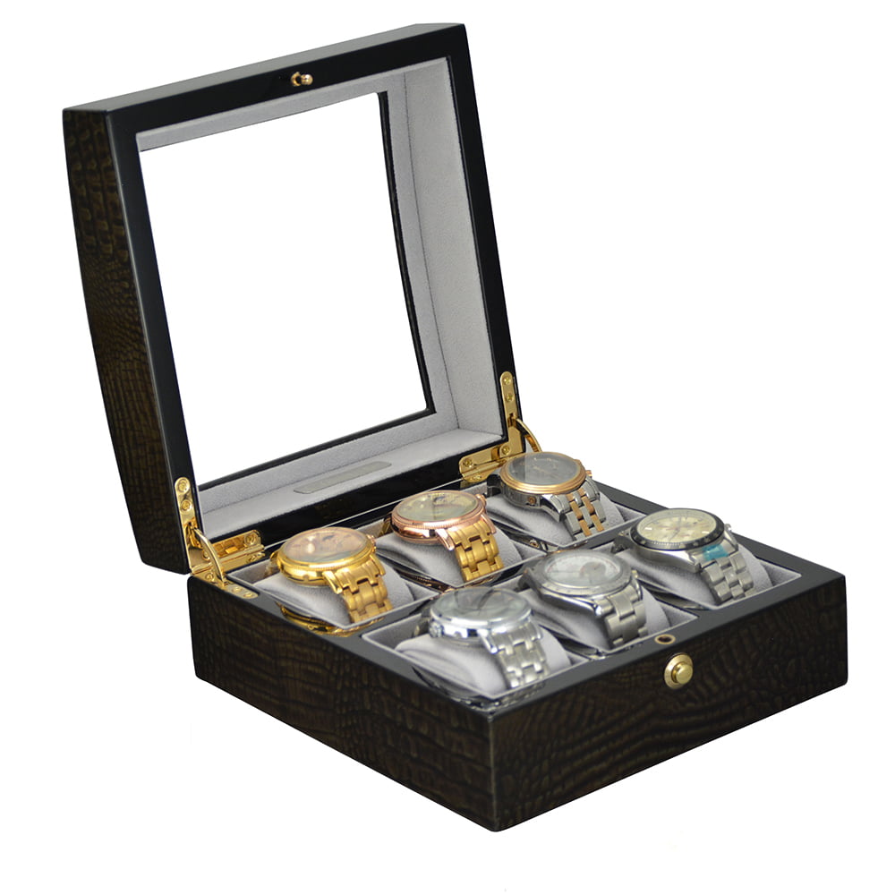High Glossy Crocodile Grain Green 6 Watch Case with Tempered Glass Display
