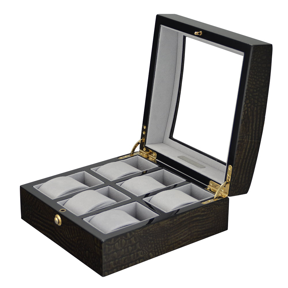 High Glossy Crocodile Grain Green 6 Watch Case with Tempered Glass Display