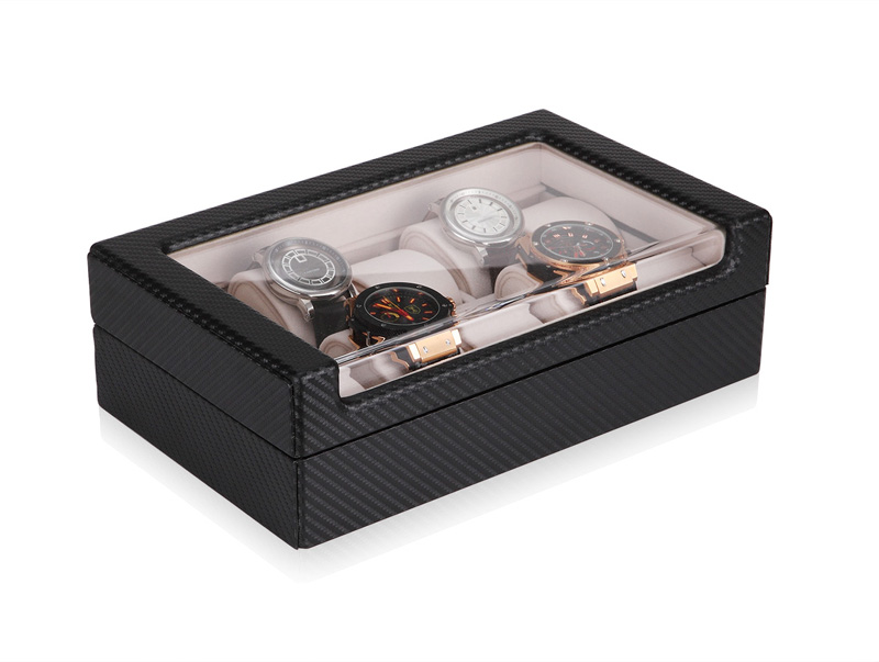 Carbon Fiber 10 Watch Case with Velvet Interior and Acrylic Display Window