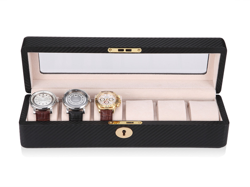 Carbon Fiber 6 Watch Case with Velvet Interior and Acrylic Display Window