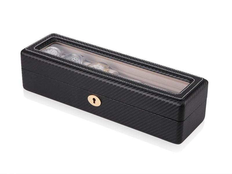 Carbon Fiber 6 Watch Case with Velvet Interior and Acrylic Display Window