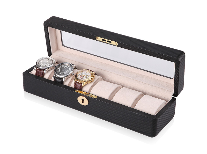 Carbon Fiber 6 Watch Case with Velvet Interior and Acrylic Display Window