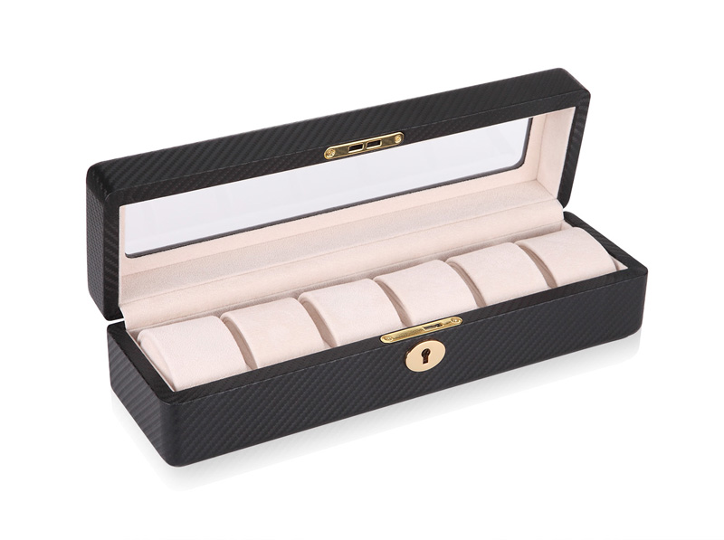 Carbon Fiber 6 Watch Case with Velvet Interior and Acrylic Display Window