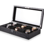 12 watch wood veneer case with open glass display and velvet cushions