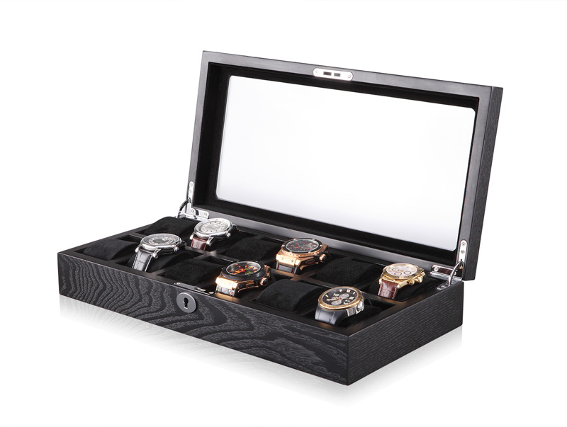 12 watch wood veneer case with open glass display and velvet cushions