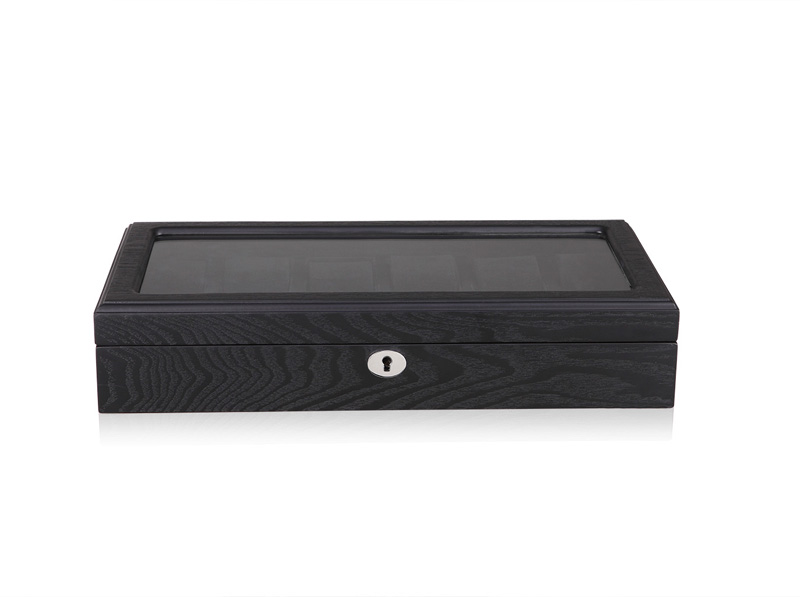 12 watch storage box with black wood veneer and glass top