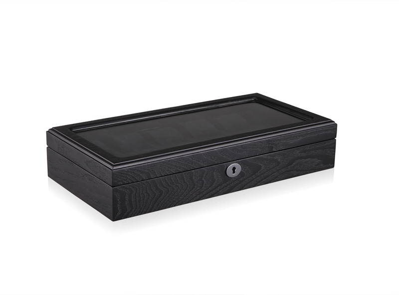black wood watch case with tempered glass display window