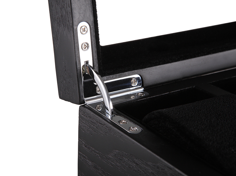 watch box hinge hardware detail with black wood finish