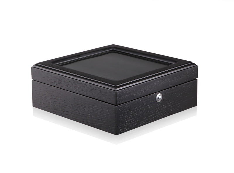 6 watch wood veneer case with tempered glass lid and black exterior