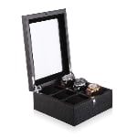 6 watch display case open with watches and velvet interior compartments