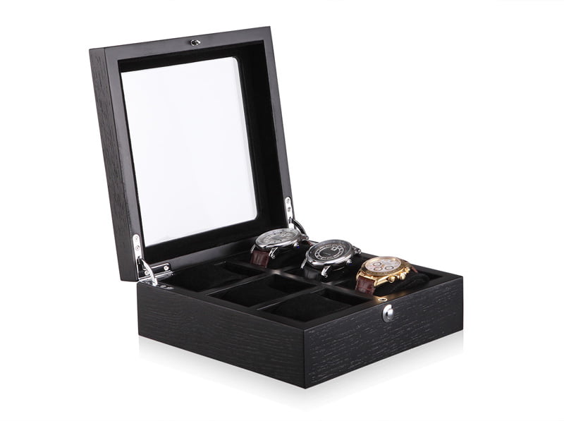6 watch display case open with watches and velvet interior compartments