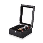 6 watch storage case open showing velvet-wrapped watch compartments