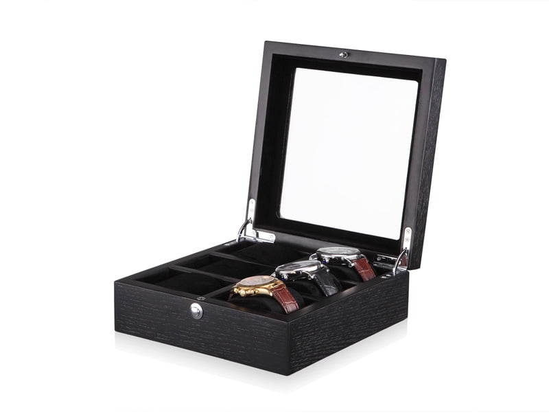 6 watch storage case open showing velvet-wrapped watch compartments