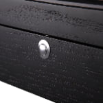 watch case snap button closure detail on black wood veneer exterior