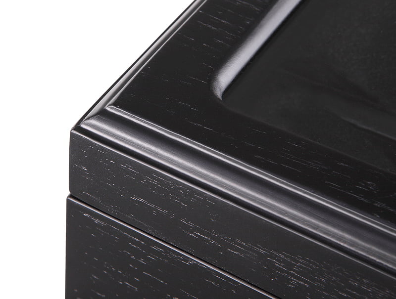 wood veneer watch case edge detail with black finish