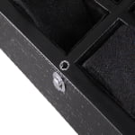 watch case interior compartments with velvet-wrapped cushions