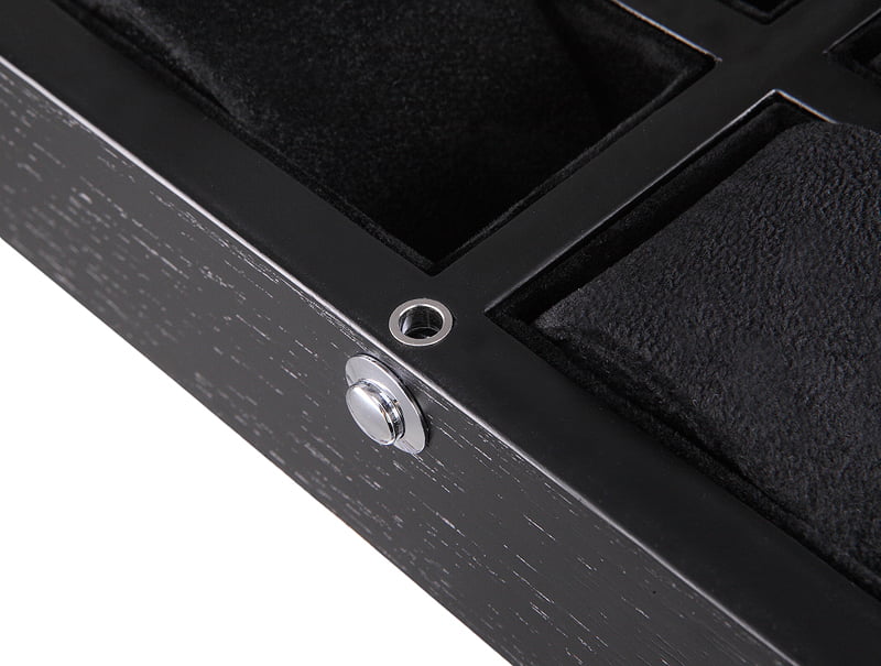 watch case interior compartments with velvet-wrapped cushions