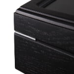 watch case metal hinge detail with black wood veneer exterior