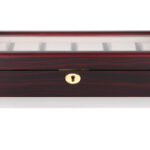 Closed 12 watch display case with cherry red exterior, tempered glass window and hardware lock