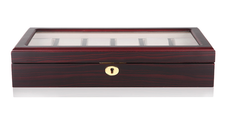 Closed 12 watch display case with cherry red exterior, tempered glass window and hardware lock