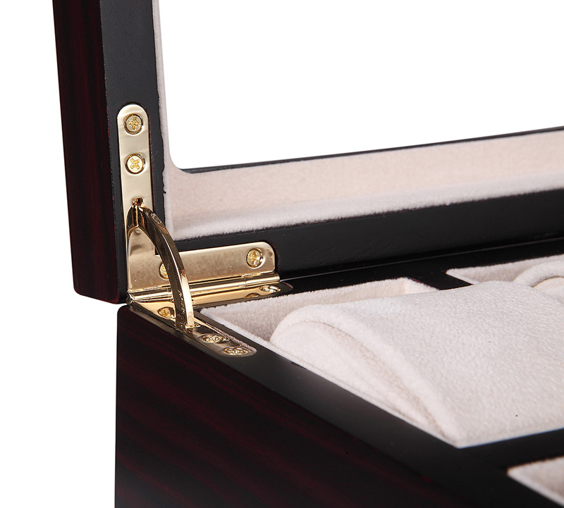 Watch display case with gold-tone metal lid support and beige velvet-wrapped interior