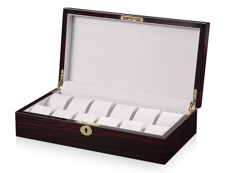 High Glossy Ebony with Grey 12 Watch Case with Velvet Interior