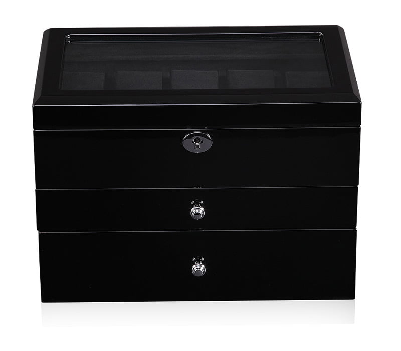 High Glossy Black 25 Watch Case with Tempered Glass Display