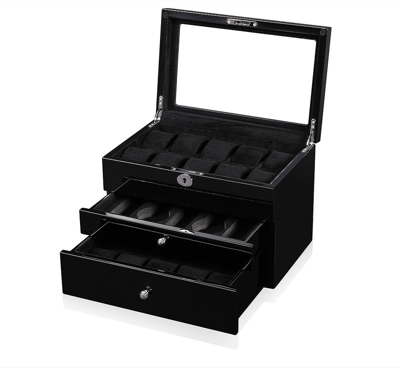 High Glossy Black 25 Watch Case with Tempered Glass Display