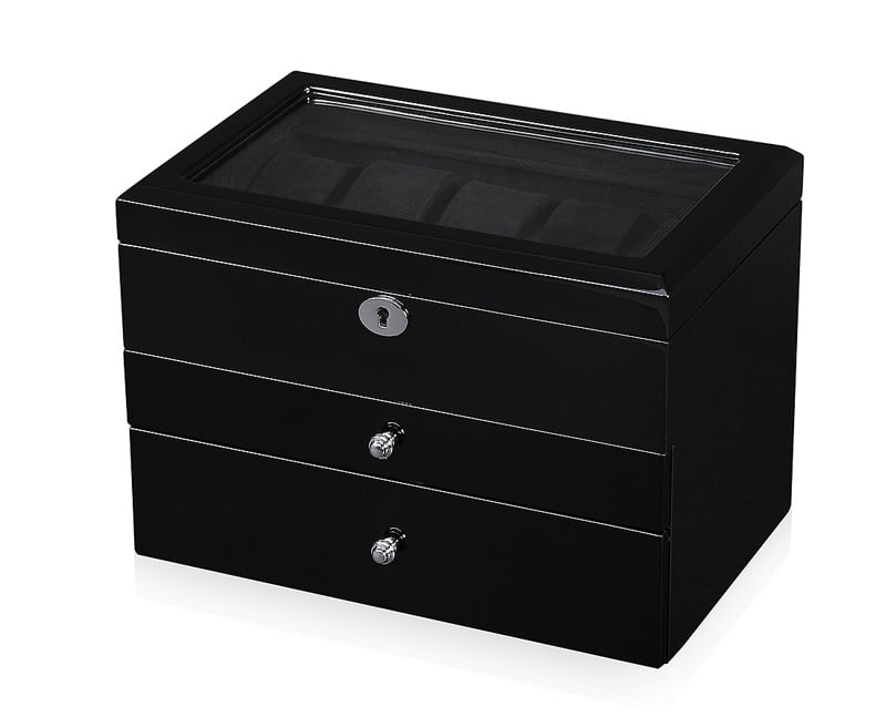 High Glossy Black 25 Watch Case with Tempered Glass Display