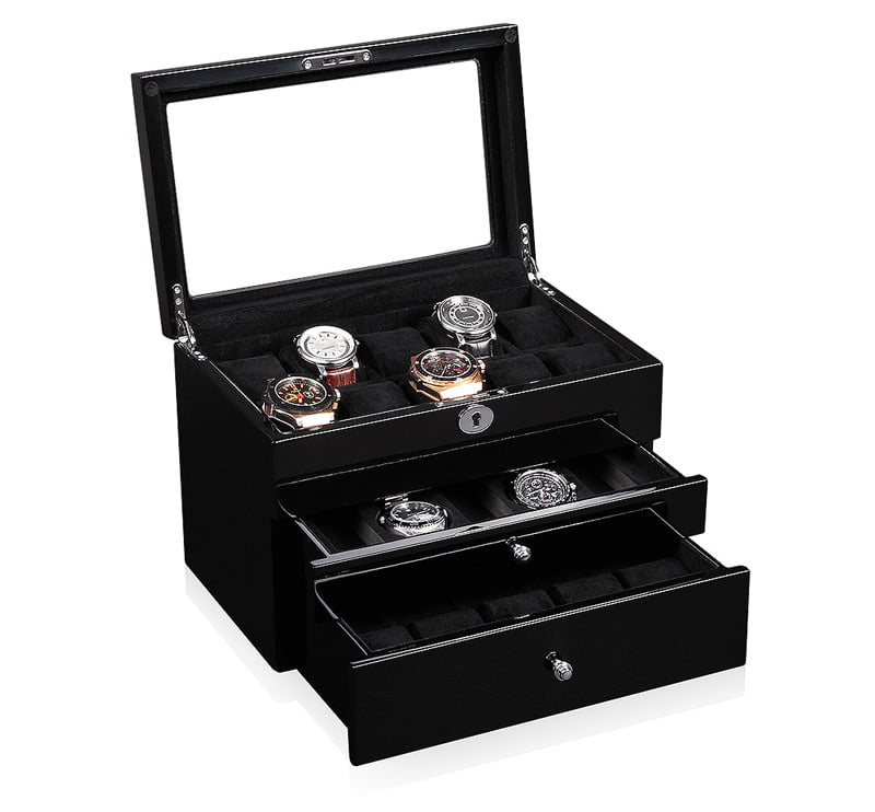 High Glossy Black 25 Watch Case with Tempered Glass Display