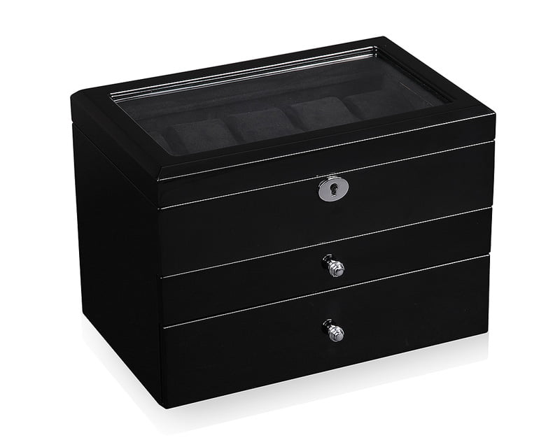 High Glossy Black 25 Watch Case with Tempered Glass Display