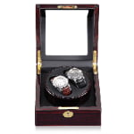 2-watch winder with open ebony wood-grain case, black interior and two watches