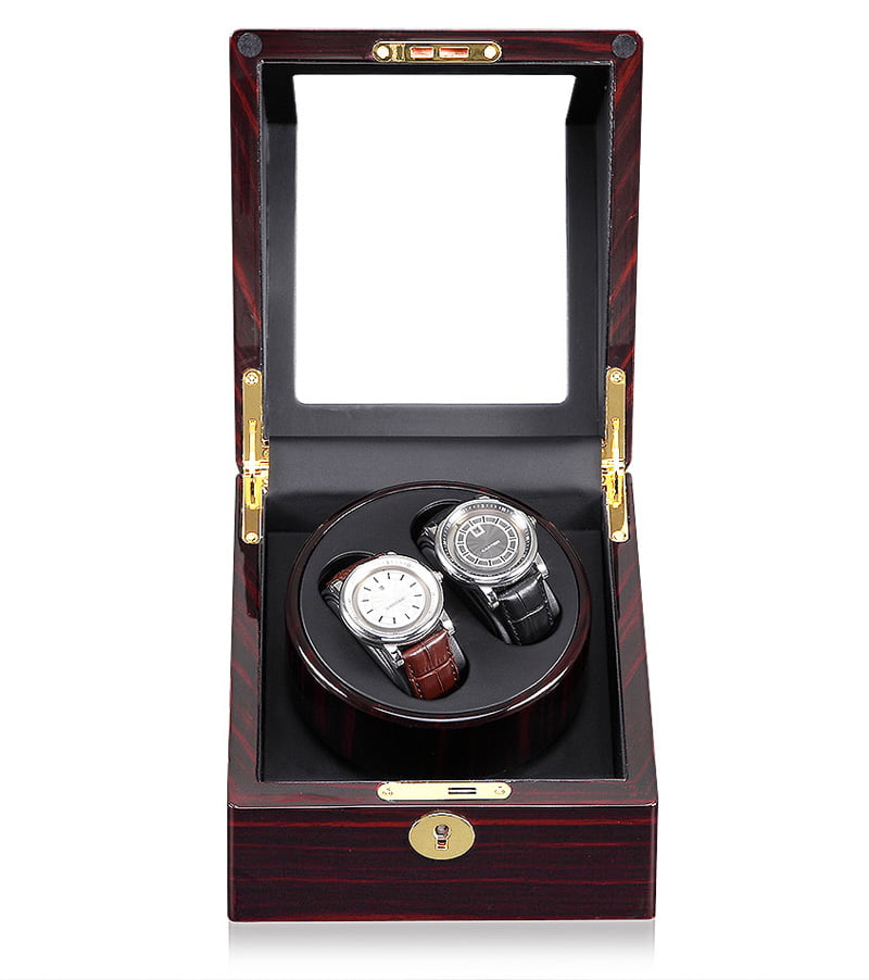 2-watch winder with open ebony wood-grain case, black interior and two watches