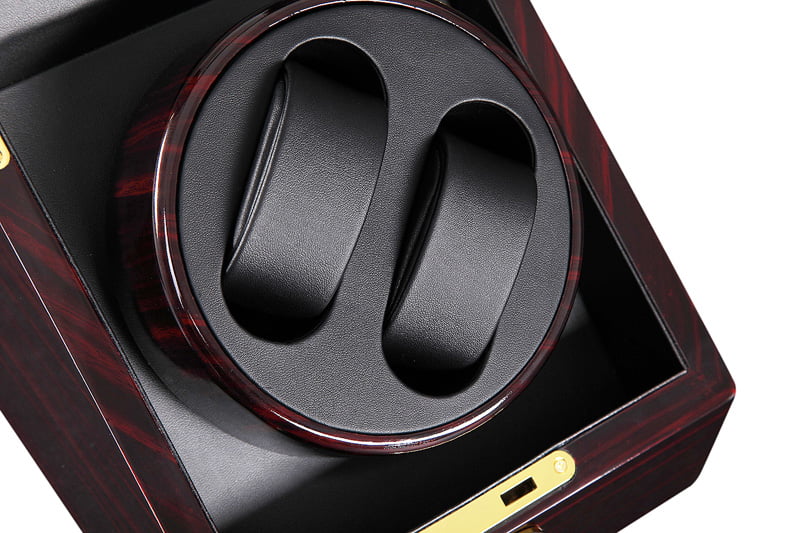 2-watch winder with two black watch cushions and ebony wood-grain winding drum