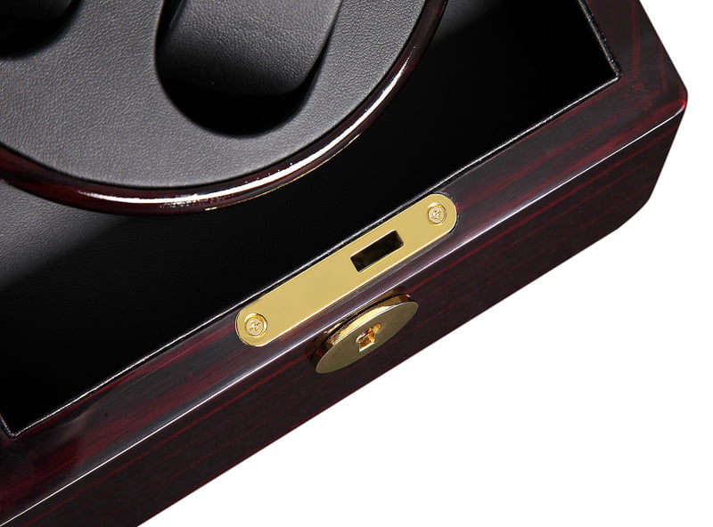 2-watch winder ebony wood-grain case with gold-tone hardware closure detail