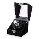 2-watch winder with open high-gloss black case, black interior and two watches