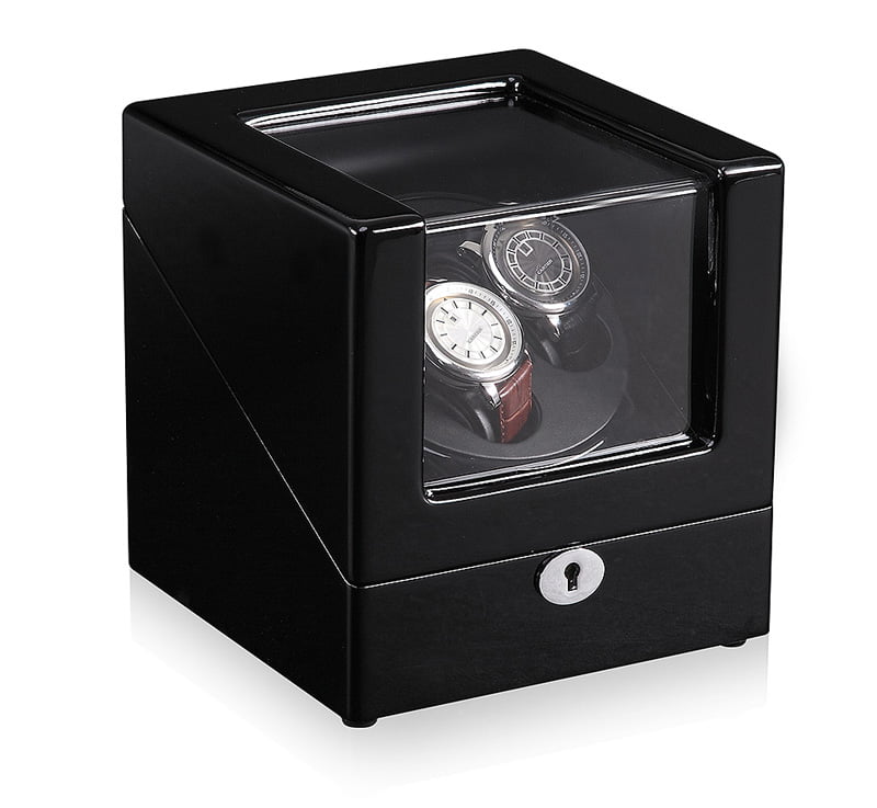 2-watch winder with high-gloss black exterior, acrylic display window and two watches