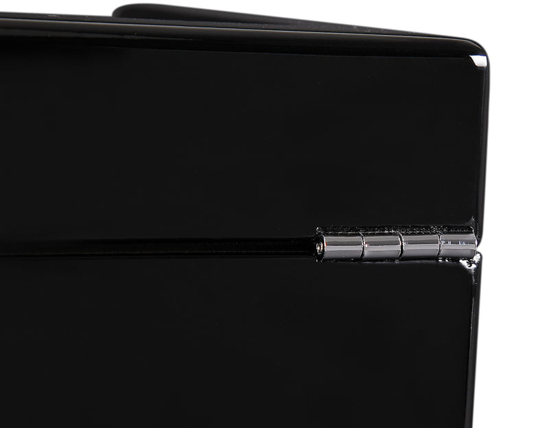 2-watch winder high-gloss black exterior with silver-tone hinge detail