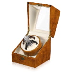 2-watch winder with open wood-grain case, beige interior and two watches
