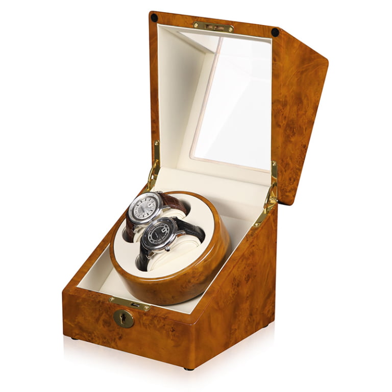 2-Watch Winder with High-Gloss Yellow Finish and Beige Interior