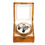 2-watch winder opened to show beige interior, two watch positions and acrylic window