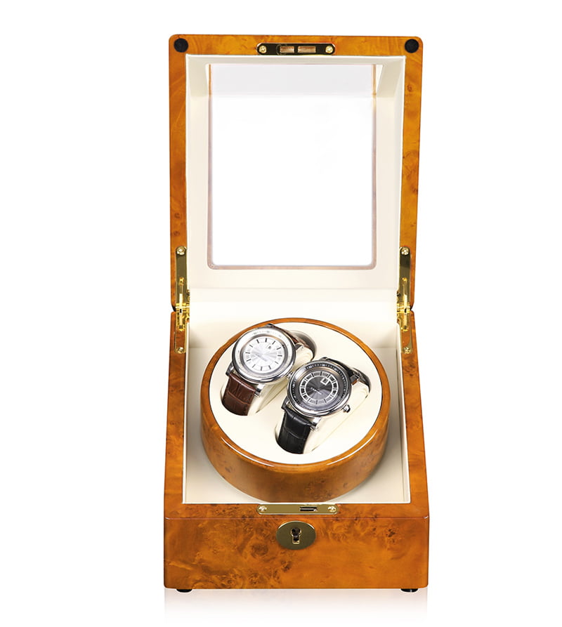 2-watch winder opened to show beige interior, two watch positions and acrylic window