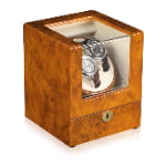 2-watch winder with glossy wood-grain exterior and acrylic display window