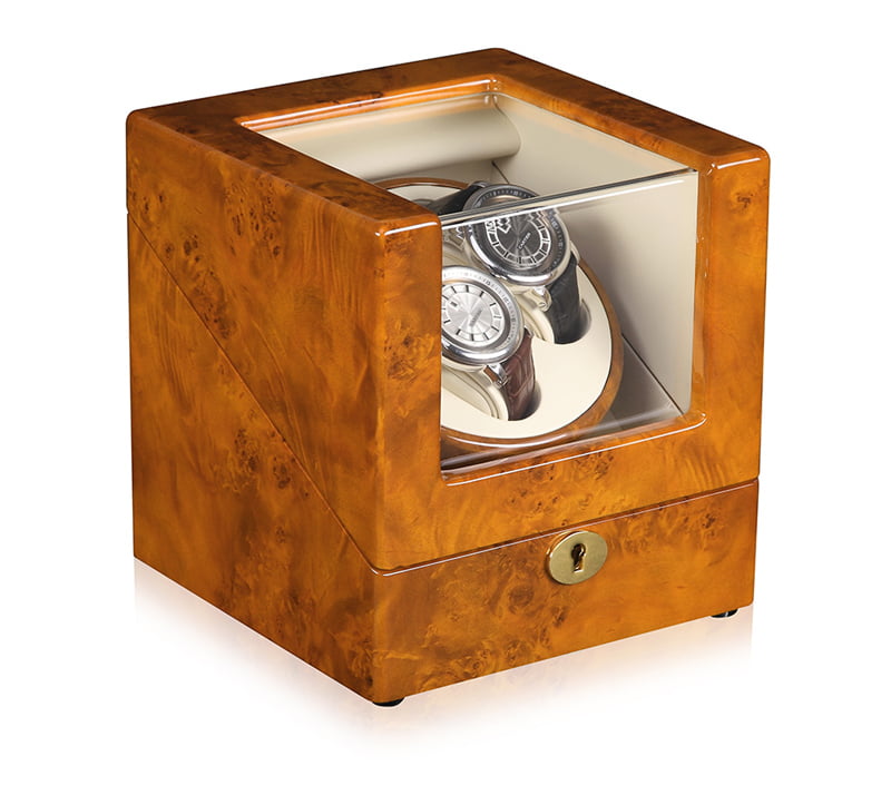 2-watch winder with glossy wood-grain exterior and acrylic display window