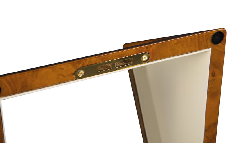 2-watch winder open lid with wood-grain frame and metal hardware detail