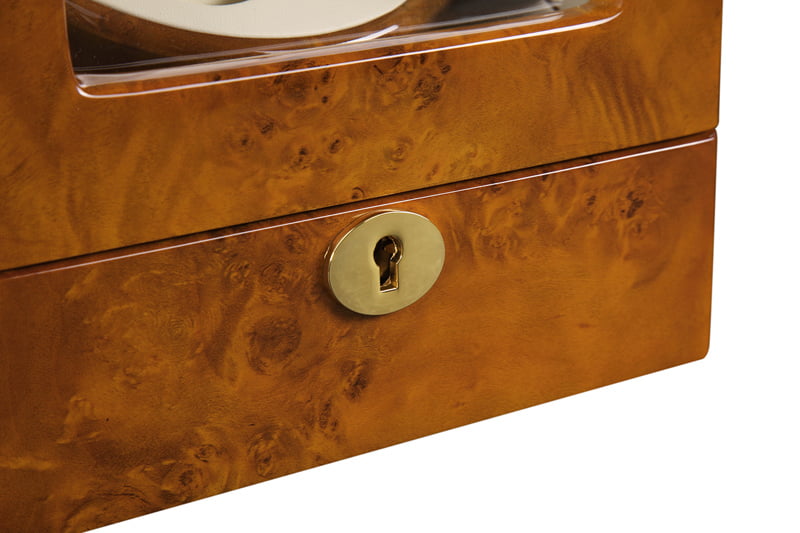 2-watch winder wood-grain exterior with round metal hardware lock