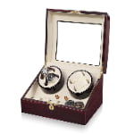 Open ebony 4 watch winder with beige winding positions and additional watch storage compartments
