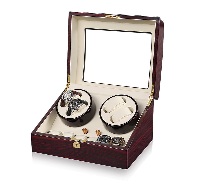 Open ebony 4 watch winder with beige winding positions and additional watch storage compartments