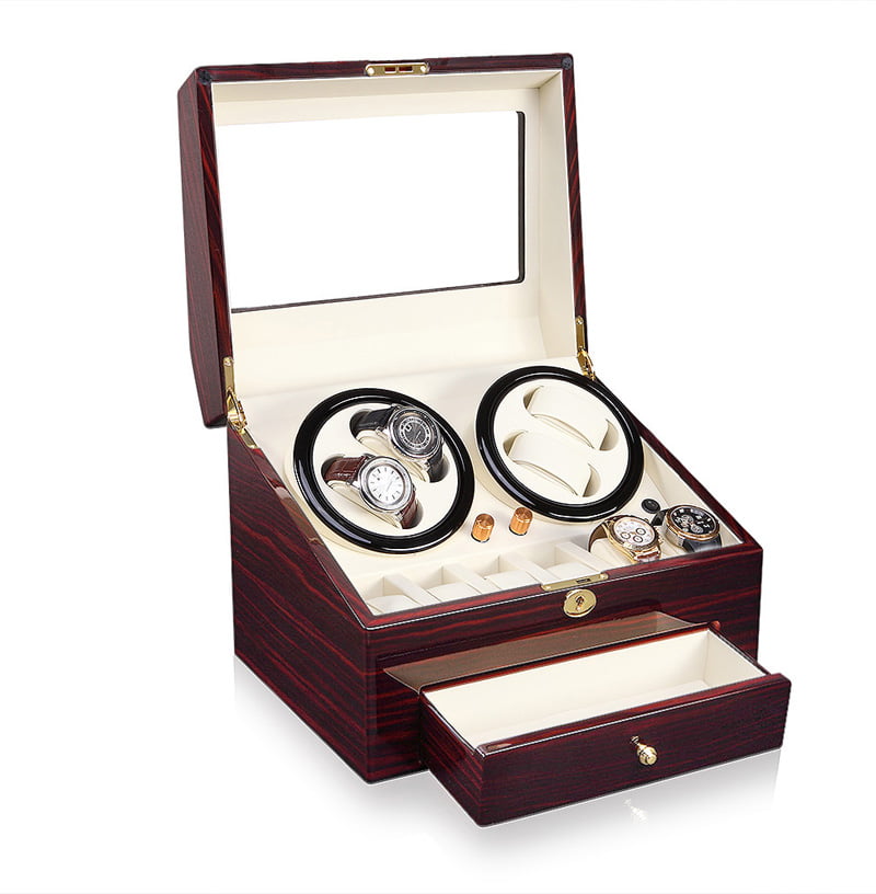 4 watch winder with ebony high-gloss exterior, beige interior and open storage drawer